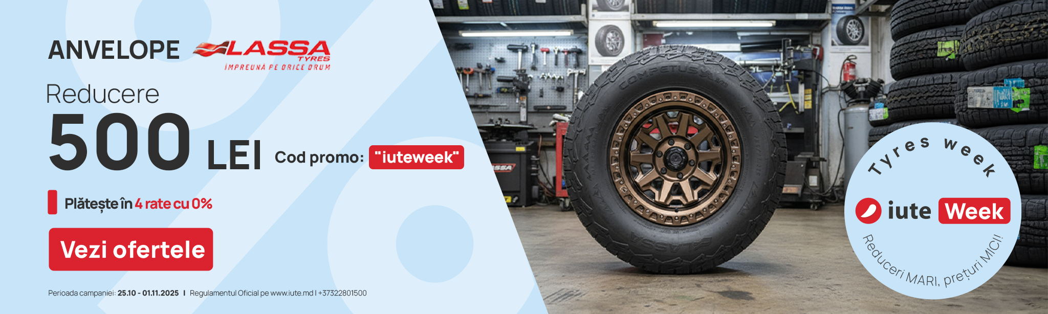 Tyres Week cu Iute Credit — economisește 500 lei la anvelopele Lassa și plătește în 4 luni fără dobândă.